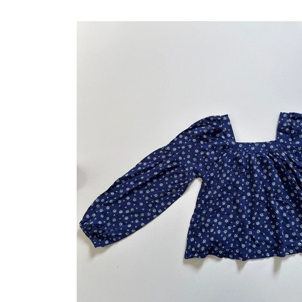 Levis Girls Navy Blue Floral Daisy Puff Sleeve Square Neck Blouse Top M 10-12Y
